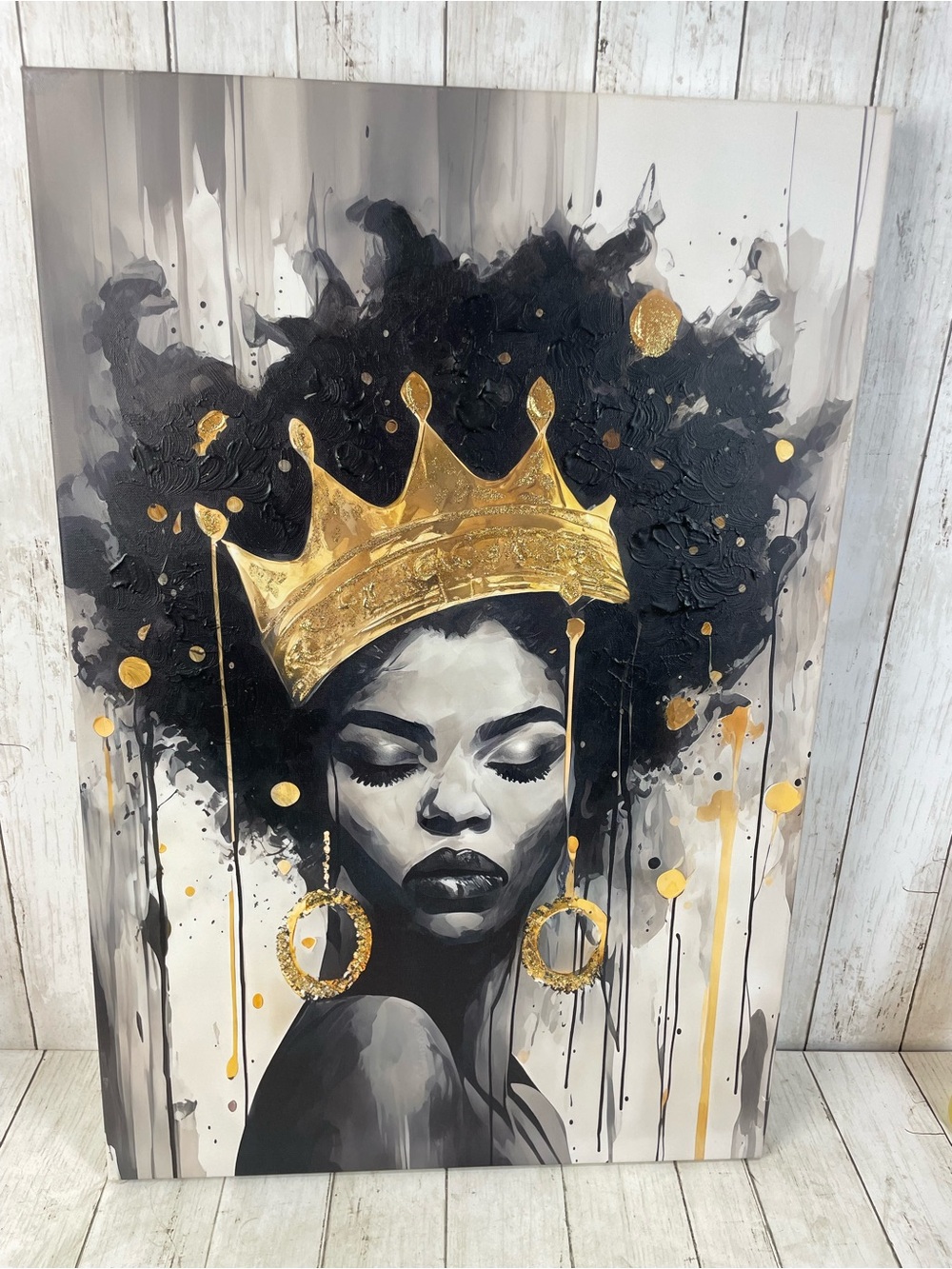 Modern Abstract African American Woman Canvas Art Textured Afro Gold Crown